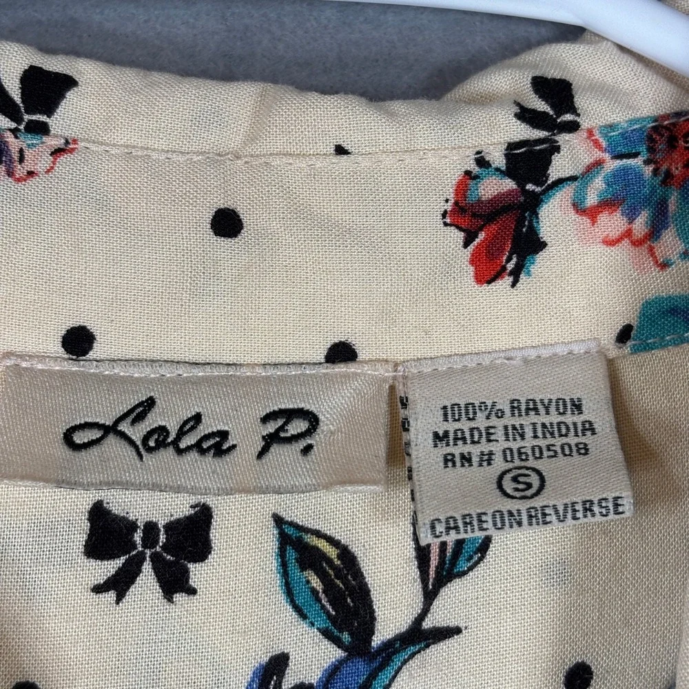 Lola P Womens Floral Polka‎ Dot Button Down Shirt Small High Low Boho Cottage